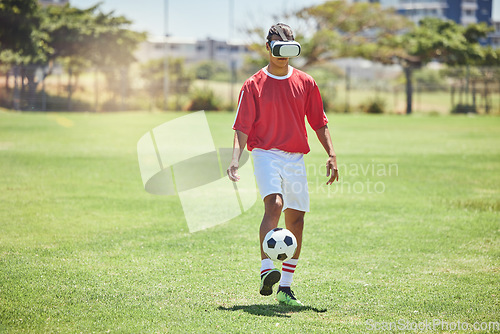 Image of Soccer player man VR experience, innovation or digital cyber gaming on metaverse football field sports pitch. Fantasy football player, virtual reality and futuristic glasses, ai or high tech training