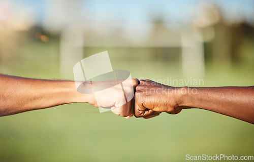 Image of Fist bump, closeup and diversity meeting, team support and partnership outdoors. Hands of friends greeting with thank you, solidarity motivation or trust in a goal success and strategy achievement