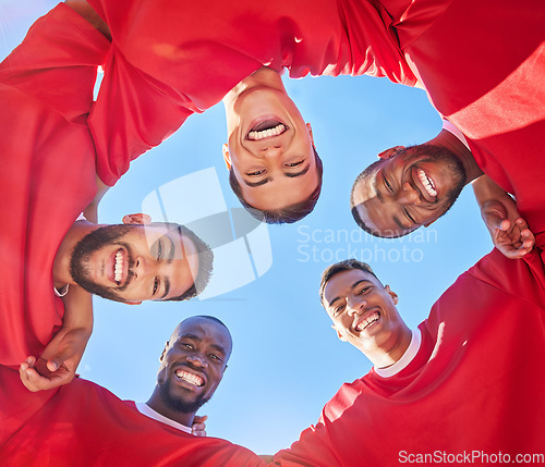 Image of Team, soccer and men huddle portrait excited for match day with motivation and smile together. Diversity, football and teamwork with happy athlete guys at game competition with low angle.