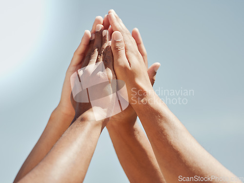 Image of Hands, high five or teamwork collaboration success in fitness, workout or training match or summer game. Zoom, men or sports diversity support in team building for community security or friends trust