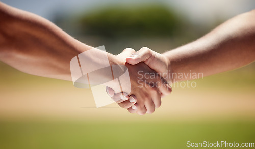 Image of Teamwork, sports and health with handshake with people playing game for fitness, support and exercise. Workout, collaboration and hands of athlete friends for health, winner and partnership challenge