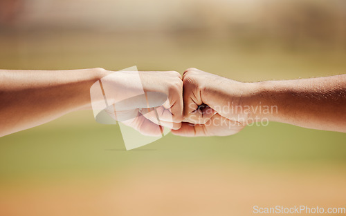 Image of Success, support and hands giving fist bump for motivation, celebration and teamwork in goal outdoor in nature. Zoom in of people show agreement, growth and connection with community or partnership