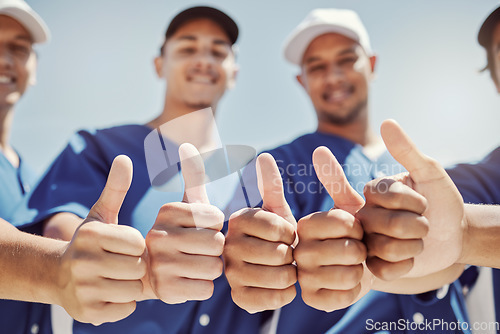 Image of Baseball player, thumbs up and sports teamwork support, winner success and motivation of goals, trust or celebration. Softball men group, hands and thumb up collaboration of happy friends achievement
