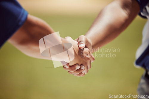 Image of Closeup, handshake and baseball for game, match or contest with respect in sport on field. Shaking hands, man and baseball player in competition, together or motivation for success, greeting or unity