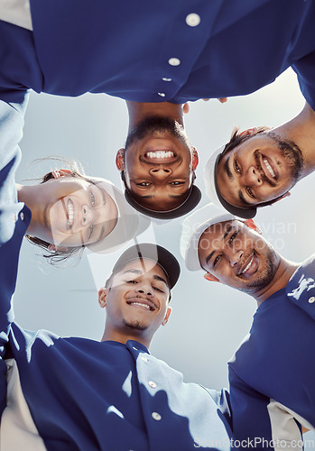 Image of Team huddle, baseball and baseball player, fitness and men, diversity and support, sports game and trust, smile in portrait. Young, strong and athlete, sport training and exercise during active life.