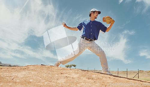 Image of Sports, baseball and pitching with man on field for training, fitness and playing games competition. Health, wellness and action with baseball player and throwing for practice, athlete and exercise