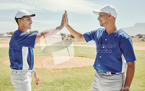 Image of Baseball, winning and high five for success on field for match game at pitch in Boston, USA. Team, friends and black people celebration on baseball field for sports tournament win together.