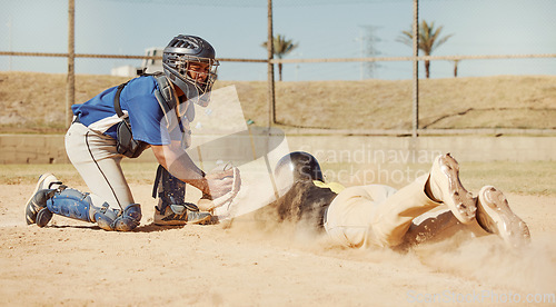 Image of Baseball, baseball player and diving on home plate sand of field ground sports pitch on athletic sports ball game competition. Softball match, sport training and fitness workout in Dallas Texas dust