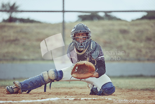 Image of Baseball, pitcher and portrait of an athlete with a glove on outdoor field for game or training. Fitness, sports and man practicing to catch with equipment for softball match on the pitch at stadium.