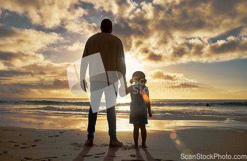 Image of Silhouette, love and beach with father and girl on Cancun holiday for travel, summer and wellness. Family, sunset and freedom with dad and girl walking on Mexico vacation for trust, support and relax