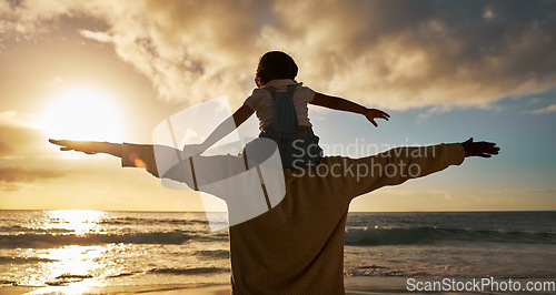 Image of Father child and shoulders flying on the beach in the sunset together for family bonding in the outdoors. Dad with kid pretend to fly on piggyback fun for relationship, love and care in nature