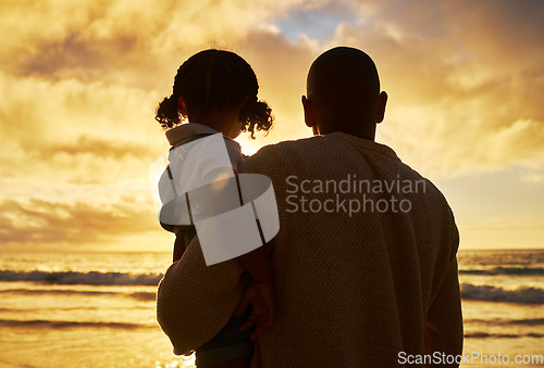 Image of Father, child and beach silhouette and sunset while on summer vacation, holiday and travel enjoying freedom, view of ocean and golden sky. Man and daughter in brazil for bonding, peace and family