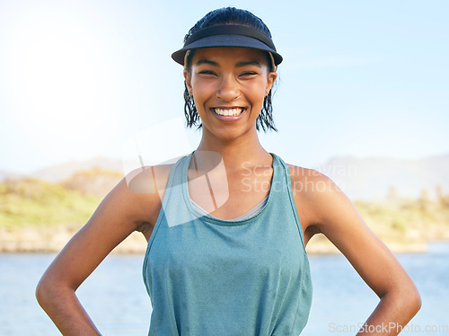 Image of Lake, sport and fitness portrait of woman ready for outdoor activity in the sunshine with smile. Healthy, wellness and nature girl excited for workout with visor for summer sports in Mexico.