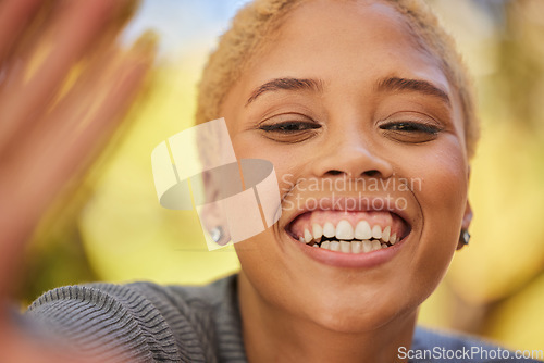 Image of Happy, selfie and portrait of woman with smile outdoor in nature with positive mindset. Happiness, photo and girl model from Mexico with freedom, energy and adventure on journey, holiday or vacation.