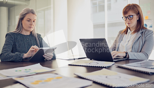 Image of Corporate women, laptop and finance planning documents or market strategy development in office. Businesswomen, research and tech development team of design expert, analyse reports and data analytics