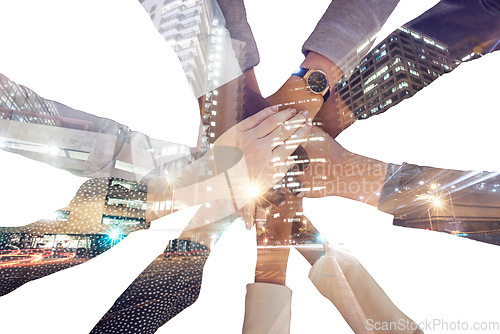 Image of Corporate hands, business and support in double exposure of the city against white background. Hand of employee group in teamwork success for unity, trust and agreement for company goals with overlay