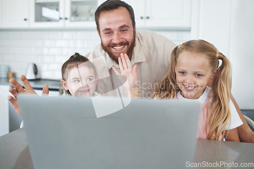 Image of Laptop, video call and happy father with kids wave at digital device screen together in kitchen. Smiling children, talking and virtual cyber conversation communication during lockdown on digital pc