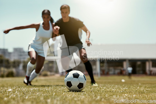 Image of Friends, soccer player and soccer training game on football field for fitness workout on grass outdoor football pitch for body or cardiovascular health. People, soccer ball and summer run in Brazil