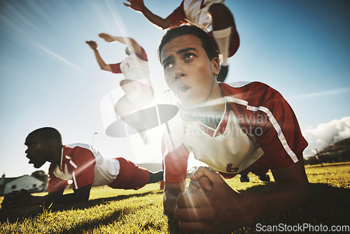 Image of Sports, soccer player and team exercise in cross plank, jump and training at soccer field. Football, fitness and men on football field pushup, plank and jumping energy, passion and fit performance