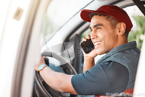 Image of Phone call, delivery and courier talking on a mobile, working and driving for ecommerce business in a car. Young, happy and thinking logistics driver speaking about cargo on a smartphone in a van