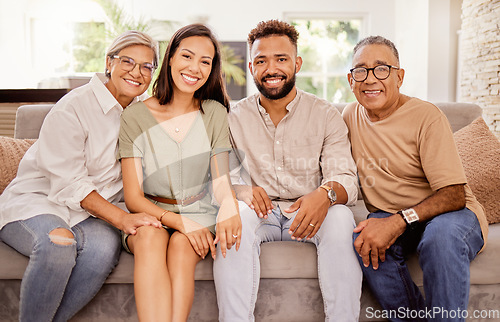 Image of Happy family, portrait and relax on sofa happy, smile and bond in living room together. Senior couple, retirement and visit by man and woman enjoying quality time on the weekend with mature parents