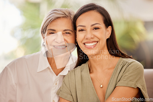 Image of Happy, mother and grandmother portrait smile for family, bonding or mothers day relax at home. Mama and grandma smiling together in generation, relationship and relaxing in happiness at the house