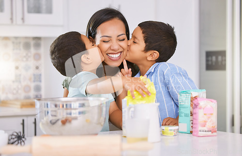 Image of Happy, mother and children kissing cheek for love, baking and mothers day celebration in the kitchen at home. Mama smile with little boys in joyful happiness, care and sweet treatment for parent