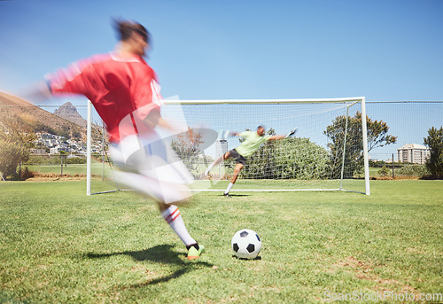 Image of Football, goals and kick with man on field and training for sports, fitness and games competition. Soccer player, target or action with man and exercise on grass park for health, summer or workout