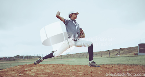 Image of Sports game, baseball field and man throw ball in competition, practice match or pitcher training workout. Softball player, dirt pitch or athlete doing outdoor fitness, exercise or pitching challenge