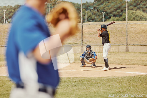 Image of Sports, baseball and baseball player at baseball field for training with pitch, baseball batter and focus. Softball player, thinking and planning ball throw at a softball field during a field game