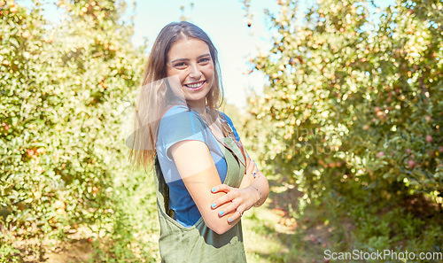 Image of Happy, farm and portrait of woman farmer with trees in sustainable, agriculture and agro environment. Sustainability, happiness and eco friendly girl farming in countryside during summer in Australia