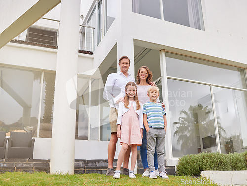Image of Mother, father and kids in real estate home for happy family portrait and wealthy lifestyle in the outdoors. Mama, dad and children together for insurance, mortgage and new house in accommodation