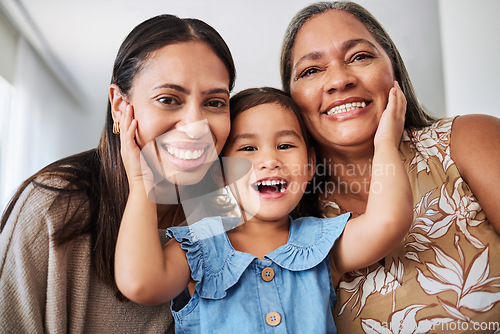Image of Mom, grandmother and girl in portrait with smile, love or happiness while together, home or bonding. Child, mother and grandma in house, holiday or vacation with happy, face and family in living room