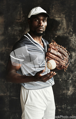 Image of Black man, baseball player and motivation for fitness, training and exercise with ball, baseball glove and mitten. Portrait, sports athlete and softball player with health goals and wellness vision