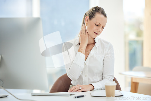 Image of Stress, burnout and neck pain with business woman in office and massage for anxiety, tired and headache. Research, exhausted and accountability with employee working on computer at desk with injury