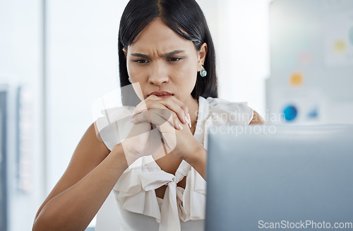 Image of Stress, anxiety and business woman on laptop working in office with financial mistake, 404 glitch or security scam. Woman, worry and burnout by designer, employee and worker concerned about phishing