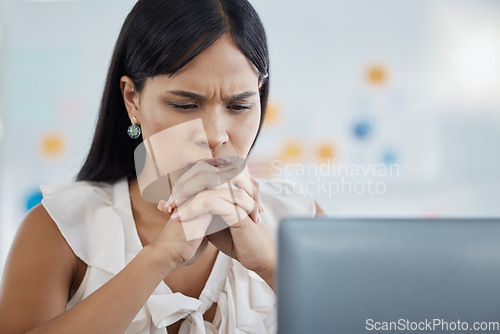 Image of Anxiety, stress and business woman on laptop in office, reading email of phishing, 404 or glitch. Thinking, worry and burnout with corporate employee frustrated by loan rejection and startup fail