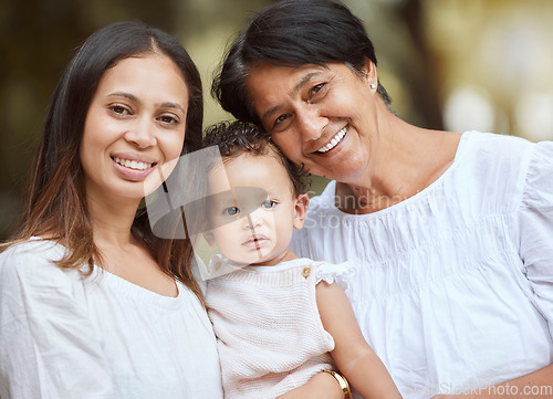 Image of Family, love and park portrait with baby, mother and grandmother relax, smile and bond in nature in Mexico. Happy family, women and girl enjoying fun in summer with parent and grandma in a forest