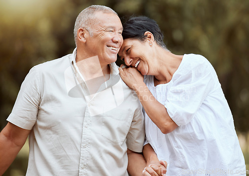 Image of Love, family and elderly couple at a park, relax and having fun while bonding, talking and walking in nature. Happy family, mature and man with woman in a forest laughing, joking and enjoy retirement