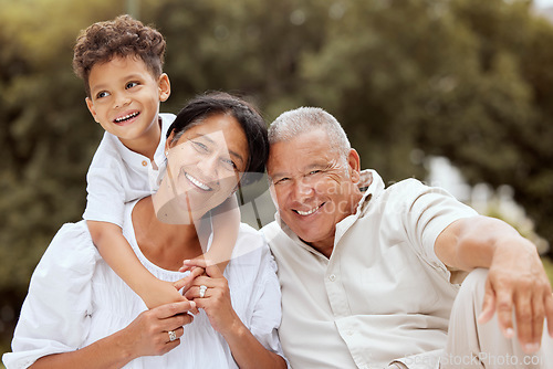 Image of Family, portrait and relax at a park with grandparents and grandchild playing, laughing and bond in nature. Love, happy family and senior couple enjoy retirement with little boy in a garden in Mexico