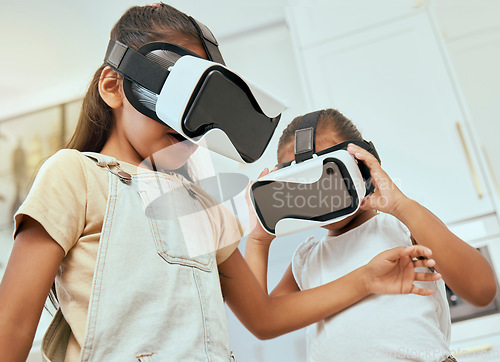 Image of VR, gaming kids and cyber vision, metaverse and fantasy media for video games education, iot innovation and creative future. Excited children, virtual reality experience and ux futuristic technology