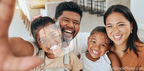 Image of Portrait of family selfie, happy and smile relationship bonding together in home. Relax having fun, parents and young children spend quality time and love happiness for photograph for social media