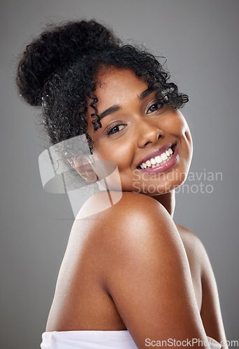 Image of Skincare, beauty and cosmetics for black woman with perfect smile, dermatology and wellness routine against studio background. Jamaica girl portrait for wellness, health and facial for skin that glow