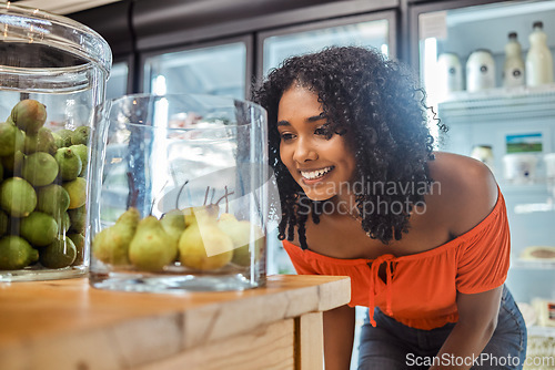 Image of Groceries, shopping local and sustainability, woman buying fresh, organic fruit and vegetables in eco friendly supermarket. Plant based food store for sustainable and healthy diet and green lifestyle