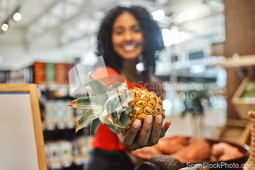 Image of Supermarket, sustainability and shopping, woman with pineapple, buying conscious for healthy organic diet. Sustainable lifestyle to support eco friendly small business, local farm or grocery store.
