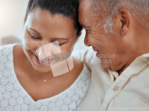 Image of Love, family and face of elderly couple embrace, relax and smile while bonding and sharing a romantic moment in their home. Senior, man and woman enjoy retirement, relationship and trust and support