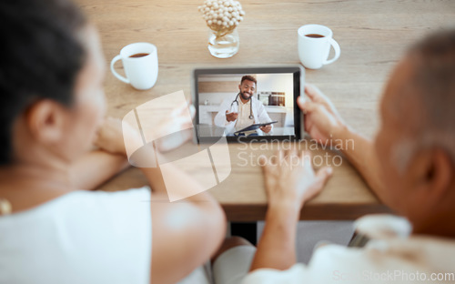 Image of Couple, telehealth doctor and tablet video call, healthcare consulting and virtual service for medical support, trust and screen consulting. Senior people, digital advice and zoom call consultation