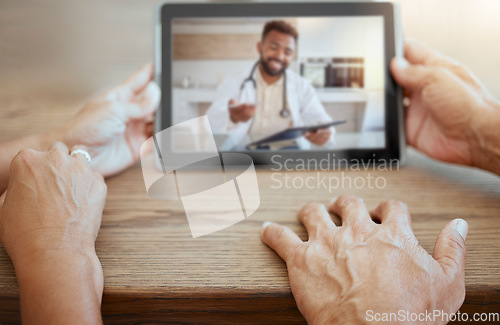 Image of Couple consulting doctor, tablet video call and healthcare, virtual help and medical test, check and screen advice. Home patient people, digital telehealth service and communication web consultation