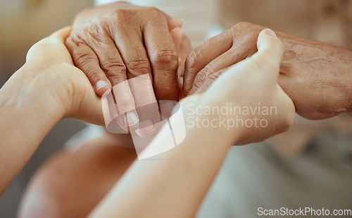 Image of Elderly care, help support and people holding hands for senior care, trust and consulting patient. Pension healthcare, retirement and caregiver nurse volunteer at nursing home for community charity