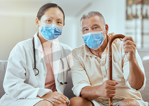 Image of Covid portrait of doctor with senior patient for medical support, elderly care and pension healthcare. Retirement health insurance, corona virus help and hospital client consulting medicine expert